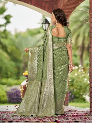  olive green satin silk blend jacquard saree with blouse piece 2