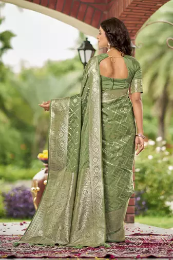  olive green satin silk blend jacquard saree with blouse piece
