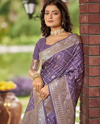  lavender purple satin silk blend jacquard saree with blouse piece 3