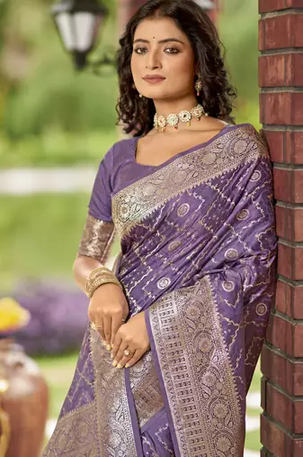  lavender purple satin silk blend jacquard saree with blouse piece