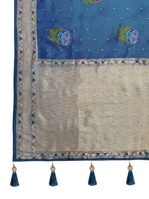  peacock blue satin silk blend jacquard saree with blouse piece 5