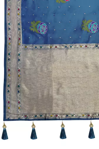  peacock blue satin silk blend jacquard saree with blouse piece