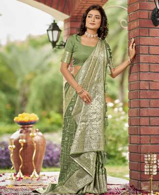  olive green satin silk blend jacquard saree with blouse piece 3