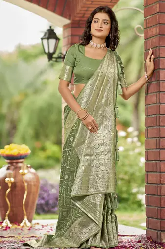  olive green satin silk blend jacquard saree with blouse piece