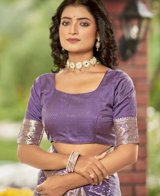  lavender purple satin silk blend jacquard saree with blouse piece 4