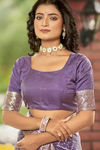  lavender purple satin silk blend jacquard saree with blouse piece