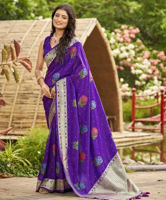 purple satin silk blend jacquard saree with blouse piece 1
