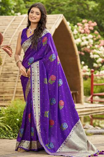 purple satin silk blend jacquard saree with blouse piece