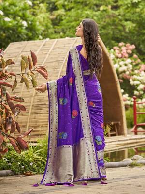 purple satin silk blend jacquard saree with blouse piece 2