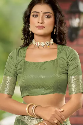  olive green satin silk blend jacquard saree with blouse piece