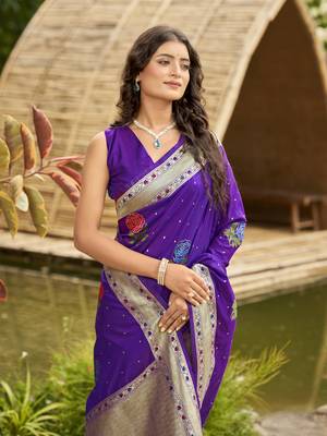 purple satin silk blend jacquard saree with blouse piece 3