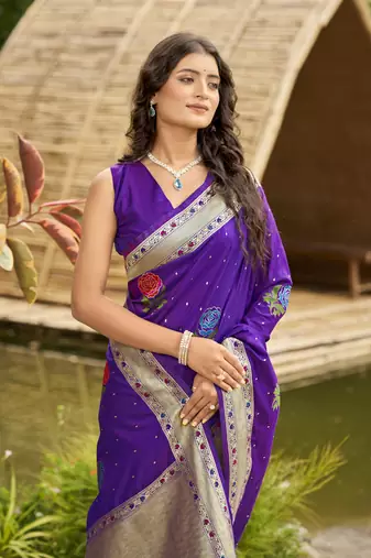 purple satin silk blend jacquard saree with blouse piece