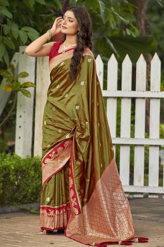  olive green satin silk blend jacquard saree with blouse piece
