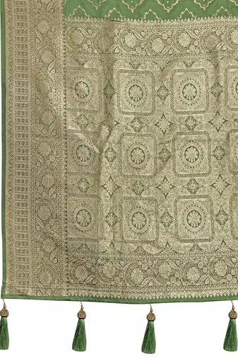  olive green satin silk blend jacquard saree with blouse piece