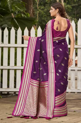 magenta satin silk blend jacquard saree with blouse piece