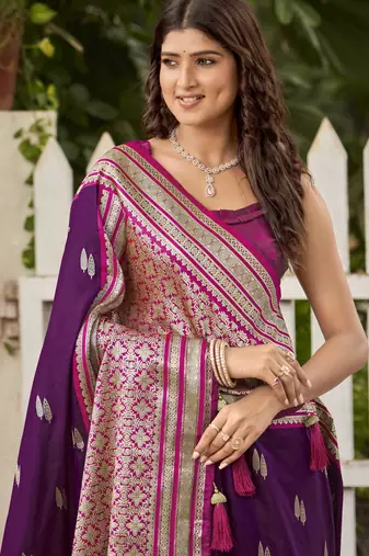 magenta satin silk blend jacquard saree with blouse piece