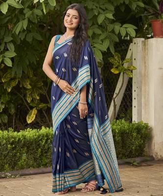 navy blue satin silk blend jacquard saree with blouse piece 1