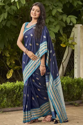 navy blue satin silk blend jacquard saree with blouse piece
