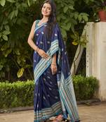 navy blue satin silk blend jacquard saree with blouse piece