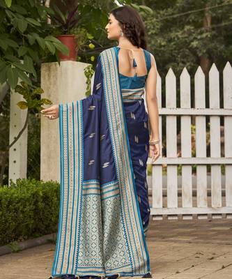 navy blue satin silk blend jacquard saree with blouse piece 2