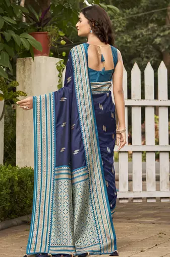 navy blue satin silk blend jacquard saree with blouse piece
