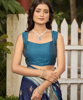 navy blue satin silk blend jacquard saree with blouse piece 4