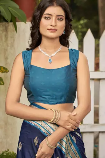 navy blue satin silk blend jacquard saree with blouse piece