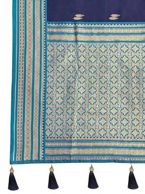 navy blue satin silk blend jacquard saree with blouse piece 5