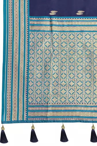 navy blue satin silk blend jacquard saree with blouse piece