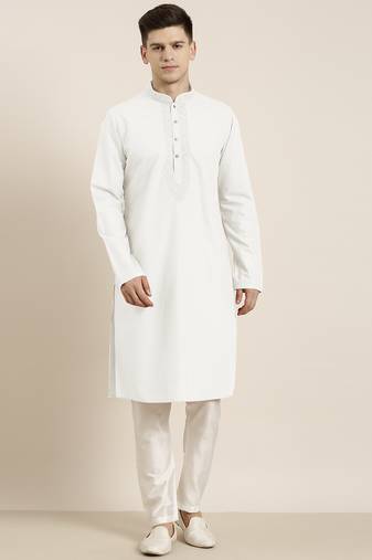 Off white cotton dori embroidered kurta set