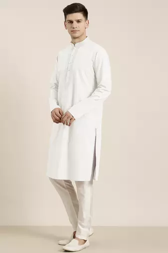 Off white cotton dori embroidered kurta set