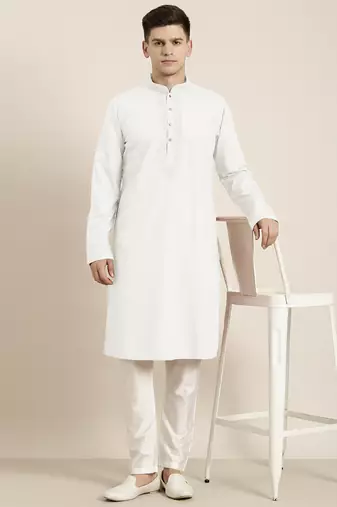 Off white cotton dori embroidered kurta set