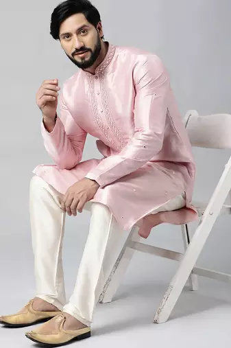 Baby pink mirror embroidered kurta set
