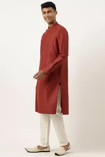 Rust cotton jacquard angrakha kurta set