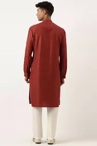 Rust cotton jacquard angrakha kurta set