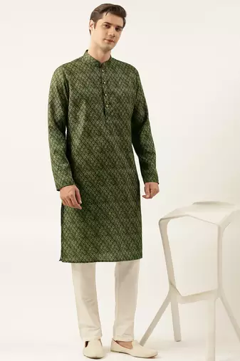 Olive printed sequin embroidered kurta set
