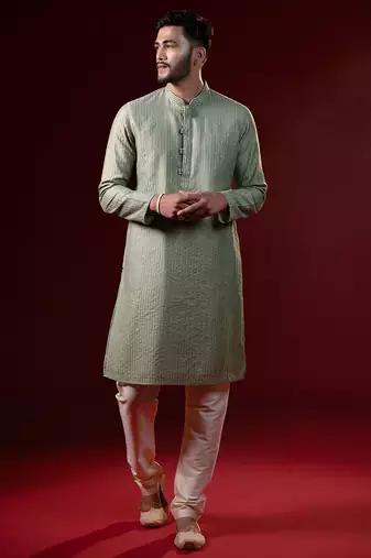 Greenish grey embroidered kurta set