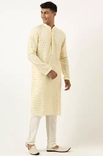 Lemon yellow mirror embroidered kurta set