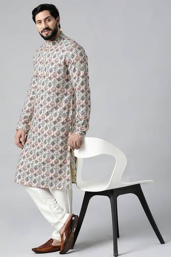 Cream printed chikankari kurta set