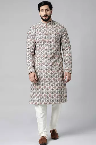 Cream printed chikankari kurta set