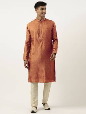 Rust brown jacquard embroidered kurta set 1