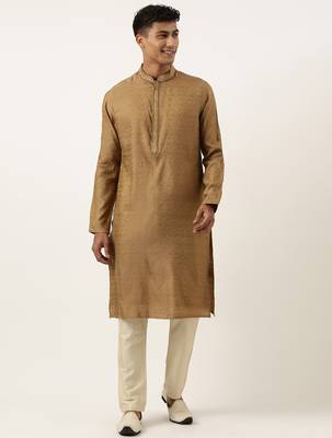 Mustard brown jacquard embroidered kurta set 1