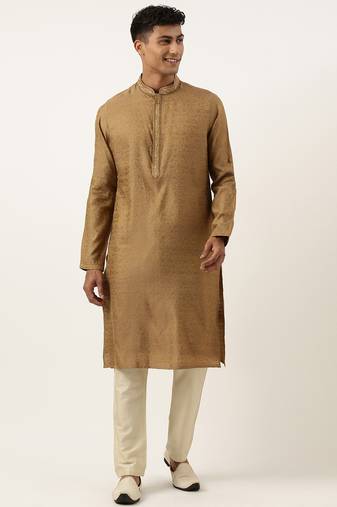 Mustard brown jacquard embroidered kurta set