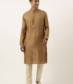 Mustard brown jacquard embroidered kurta set