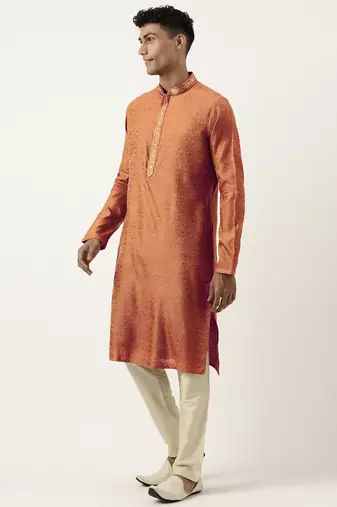 Rust brown jacquard embroidered kurta set