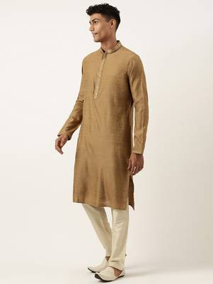 Mustard brown jacquard embroidered kurta set 3