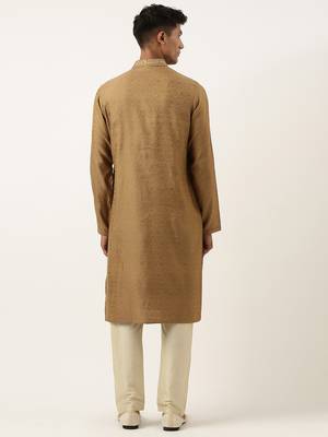 Mustard brown jacquard embroidered kurta set 5