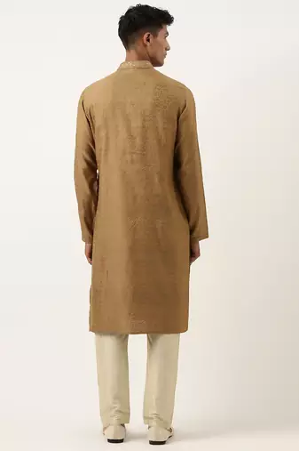 Mustard brown jacquard embroidered kurta set
