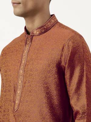 Rust brown jacquard embroidered kurta set 5