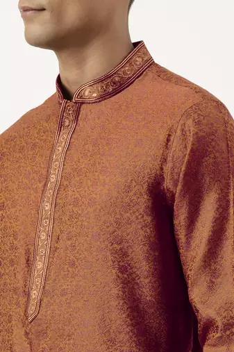 Rust brown jacquard embroidered kurta set